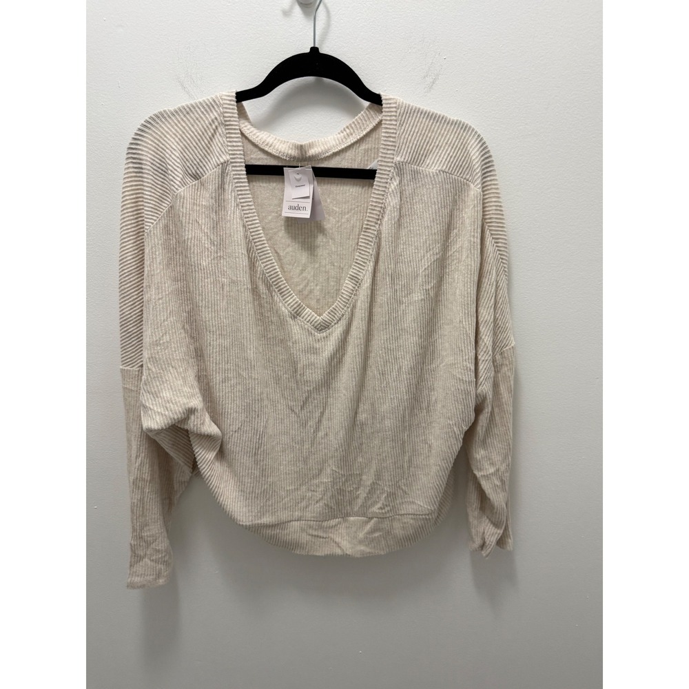 Auden Womens XL Ribbed V-Neck Sleep Top Cream Cream Dolman Sleeve Loungewear NEW